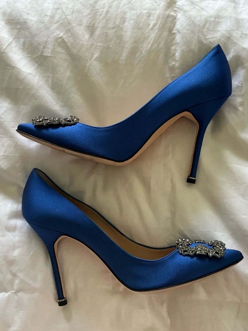 Manolo Blahnik Royal Blue Satin Pointed-Toe Crystal Buckle Pumps
